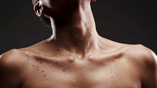 A close-up shot of a person's sweaty neck and prominent collarbones, highlighting skin texture and droplets.