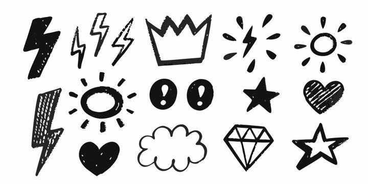 Collection of hand drawn black and white doodle icons and symbols