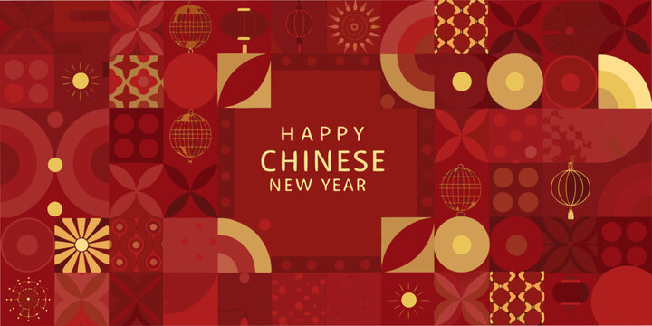 A vibrant geometric pattern celebrating the happy chinese new year