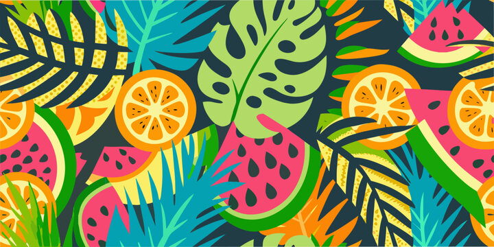 A vibrant and colorful tropical pattern featuring fruits and foliage