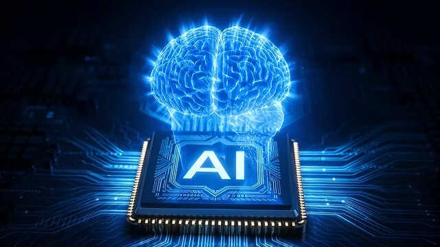 Blue artificial intelligence representation with glowing brain and microprocessor unit