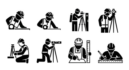 Construction Worker and Surveyor Icon Set. Engineering, Drafting, and Measuring Pictograms showing Hard Hat Professionals with Theodolite, Level, and Blueprint.