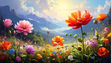 Obraz premium A vibrant meadow of red poppies and bright marigolds blossoms under the summer sun, showcasing a beautiful field of colorful spring flowers and floral beauty in nature