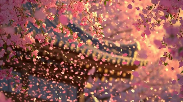 Sakura Blossoms Falling Over Traditional Asian Architecture