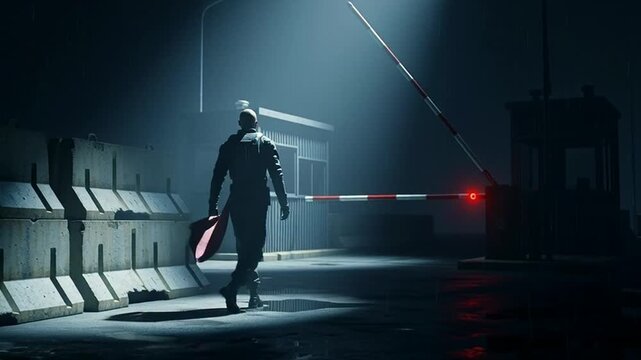 Security guard patrols checkpoint at night, barrier arm lowered, red light