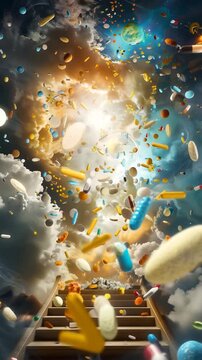 Pills Falling in Dynamic Sky with Stairs Concept