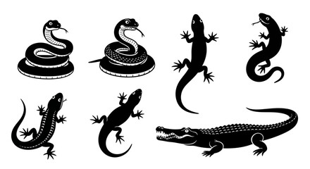 Fototapeta premium A collection of stylized black silhouettes depicting snakes lizards a gecko and an alligator high quality professional detailed modern