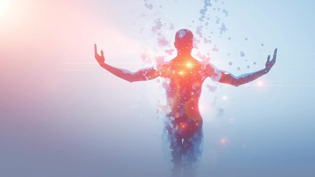 Longevity future health concept illustration, abstract human silhouette integrated with advanced health systems, soft futuristic glow, clean minimal composition, optimistic and scientific atmosphere