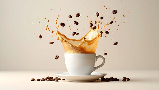 Coffee splash erupting from a white cup, symbolizing energy, motion, and coffee culture.