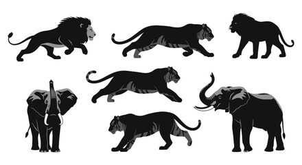 A collection of striking black silhouettes depicts a lion tigers elephants and a rhinoceros high quality professional detailed modern © MD