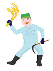 麦の収穫を手作業で仕事をしている農家。