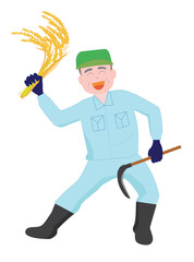 麦の収穫を手作業で仕事をしている農家。