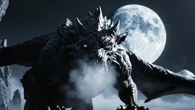 Dragon creature with sharp teeth standing under full moon at night  