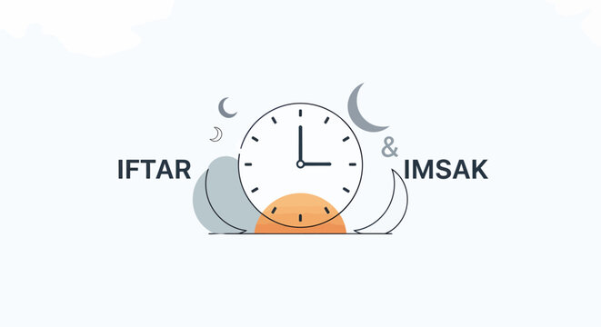 Modern Ramadan &mdash; Clean, Global, Commercial Lifestyle illustration representing Iftar and Imsak times, a minimalist clock with moon and sunrise detailing the daily fasting schedule