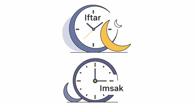 Modern Ramadan &mdash; Clean, Global, Commercial Lifestyle concept artwork showing Iftar and Imsak timing, featuring clocks with crescent moon motifs for daily spiritual observance and awareness