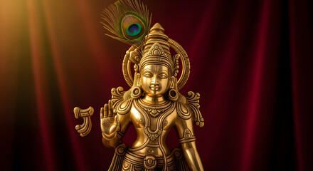 Fototapeta premium Golden idol of Lord Krishna with peacock feather in blessing pos