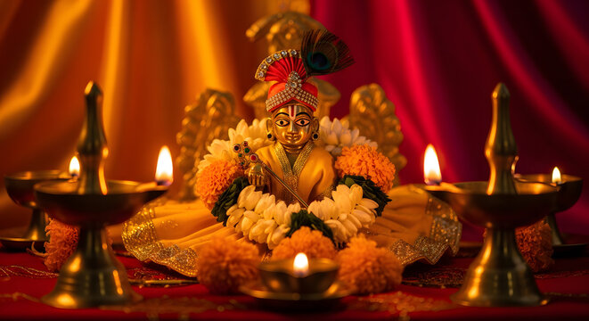 Golden idol of Lord Krishna adorned with flowers and peacock fea