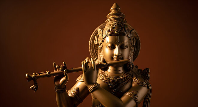 Golden statue of Hindu God Krishna playing the flute against a d