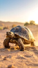Obraz premium A desert tortoise walks across sand with a clear blue sky