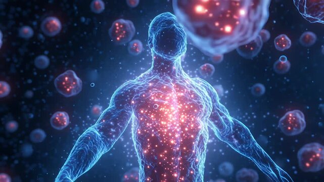 Longevity science illustration, immune system cells glowing within a balanced human body environment, modern biomedical aesthetic, calm and reassuring atmosphere