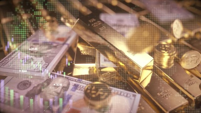 Gold Bars and Dollar Bills Overlaid with Stock Market Graphs Symbolizing Financial Investment, Wealth, and Economic Growth through Market Trends and Trading Dynamics Analysis

