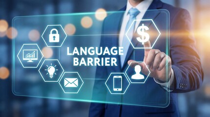 A businessman in a suit interacting with a digital language barrier interface with various icons © Muhammad