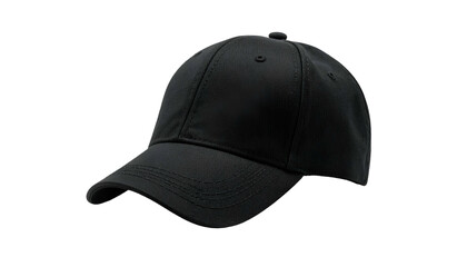 Fototapeta premium Solid black baseball cap, slightly angled, on a dark background. Front view shows details