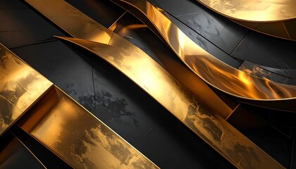 Abstract modern art featuring flowing gold ribbons against a dark, textured background