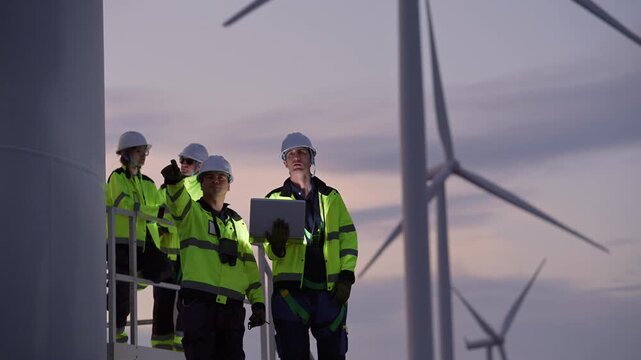 Engineers working on site in wind turbine farm at sunset, Wind turbines generate clean energy source, Eco technology for electric, industry environment, sustainable technology wind power maintenance.