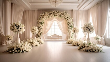 Elegant, bright ballroom setup with floral arch, aisle, and seating for an event
