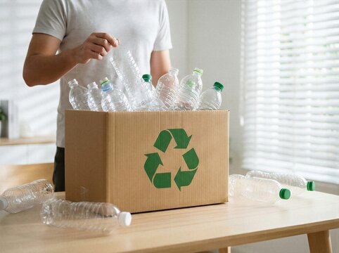 Man sorting plastic water bottles into cardboard recycling box at home for waste management and environmental protection lifestyle concept