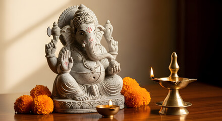 Obraz premium Stone Ganesha statue with marigold flowers and lit brass oil lam