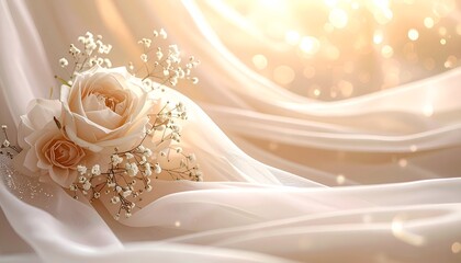 Peach roses and baby's breath atop flowing, draped fabric in soft, warm lighting