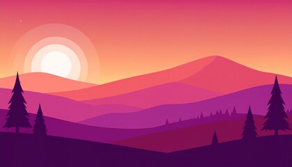 Fototapeta premium Vibrant Sunset over Purple Mountains Landscape with Silhouetted Trees