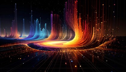 Colorful light streaks in swirling patterns over a dark background, data visualization