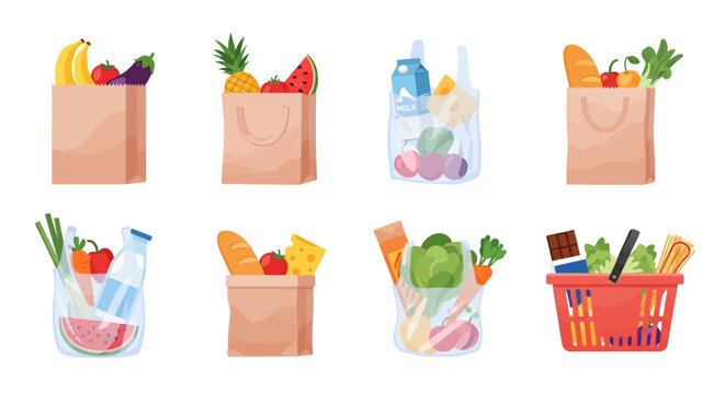 Assorted grocery items and shopping bags filled with fresh produce and packaged goods displayed in a grid pattern