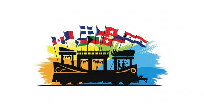 Vintage Train with International Flags Illustration