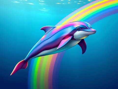 Colorful dolphin swimming with rainbow vector, animal, fantasy
