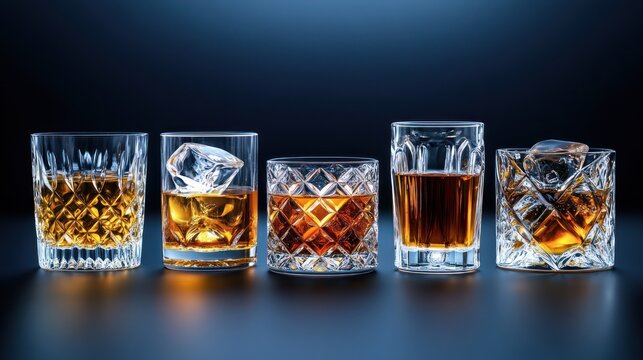 Elegant crystal whiskey glasses with ice,  dark background.  Possible use  High-end liquor advertisement