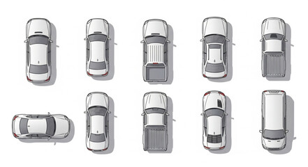 Top View Collection of Various Cars and Trucks.