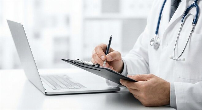 Professional doctor in white coat writing medical notes on clipboard at hospital desk with laptop and stethoscope for healthcare concept