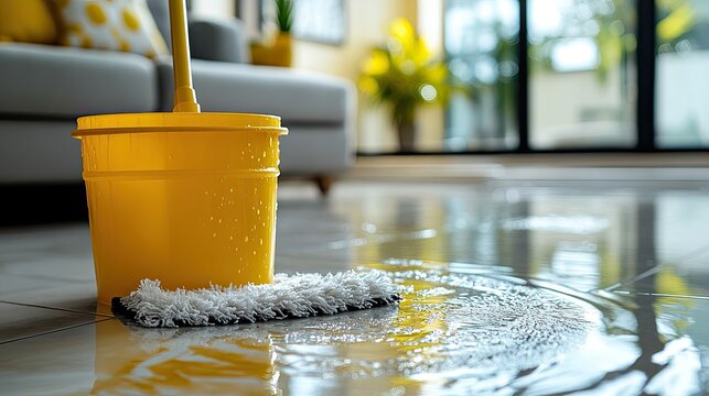 Yellow bucket with mop on wet floor, cleaning product in the living room. It can be used in blogs about cleaning or housekeeping service promotion.