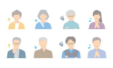 困った表情のシニア男女の上半身イラスト