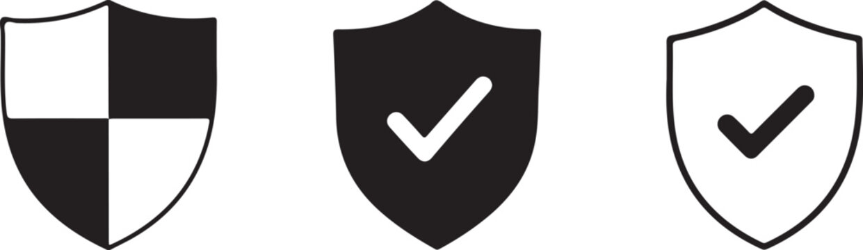 Collection of shield icons in various black and white designs and styles