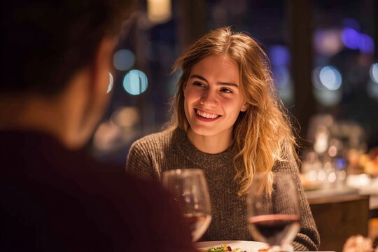 Woman and man couple dating eating at a restaurant
