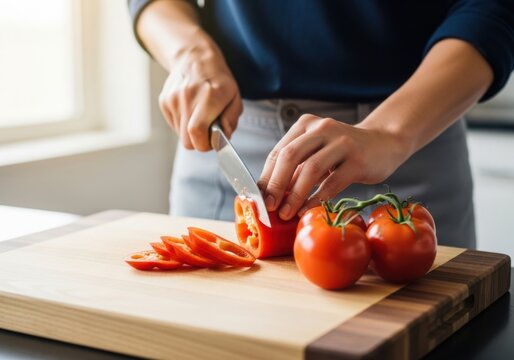 Person cutting red bell pepper on wooden cutting board in kitchen