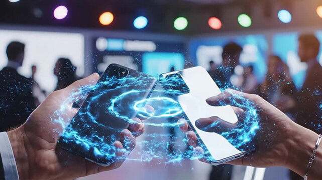 two smartphones exchanging glowing blue digital energy data transfer