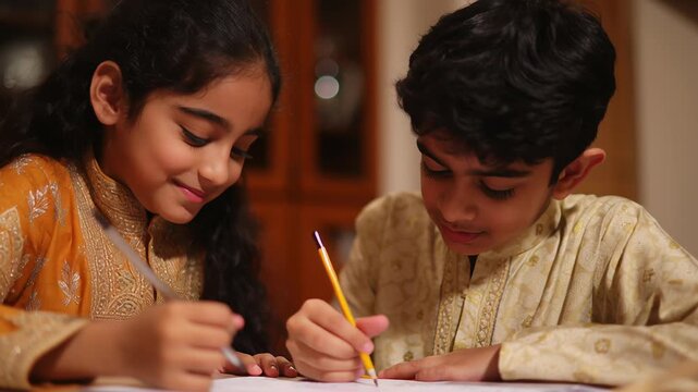 Indian sibling helping another sibling correct mistakes in homework, gentle guidance, supportive gestures, natural Indian home setting