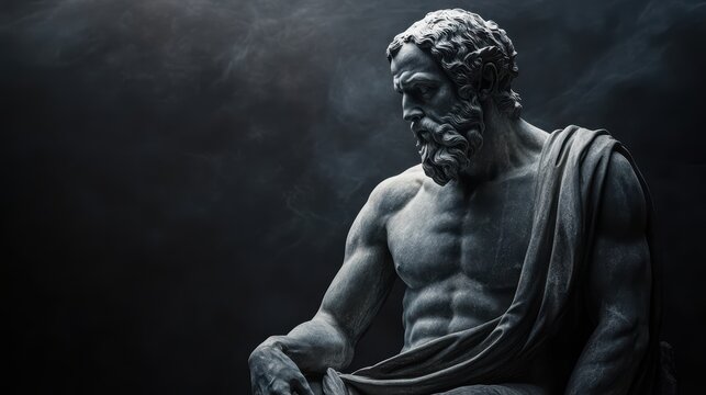 A dramatic close-up of a muscular stone statue of an ancient Greek philosopher with a beard, highlighted by theatrical lighting against a dark background.
