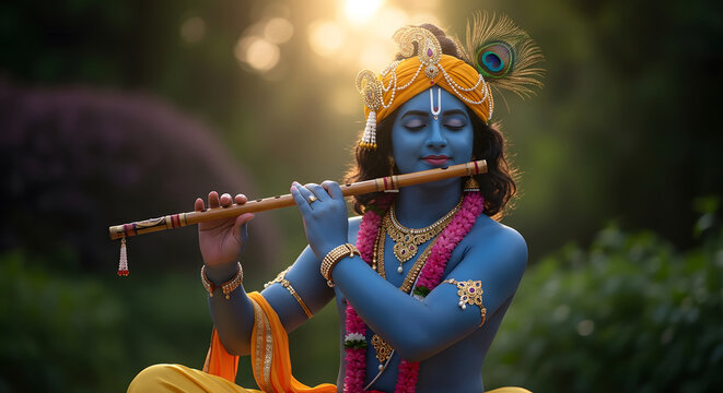 Blue-skinned Lord Krishna playing the bansuri flute outdoors at
